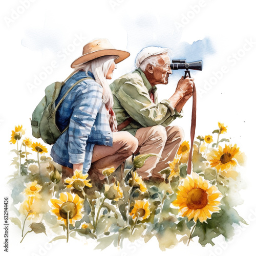 An Old Couple Birdwatching In the Wild, Nature, Elders, Old Woman, Old Man, Watercolor Clipart, High Quality PNGs Made with AI generative technology
