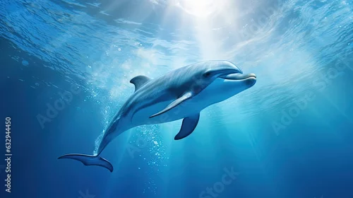 Obraz illustration of dolphin swimming under clean blue ocean water idea concept for environment preservation, Generative Ai