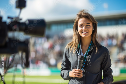 Reporter amidst a sports event, capturing dynamic action shots, journalist, blurred background, natural light, affinity, bright background