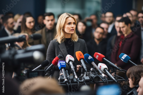 Journalist at a press conference, surrounded by microphones and cameras, journalist, blurred background, natural light, affinity photo