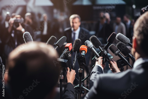 Journalist at a press conference, surrounded by microphones and cameras, journalist, blurred background, natural light, affinity, bright background photo