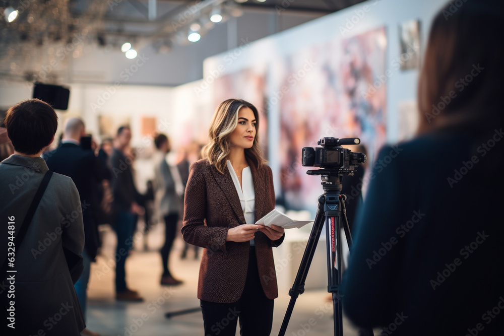 Reporters Rendering Stand In Reporter at an art exhibition, capturing the essence of creative ...