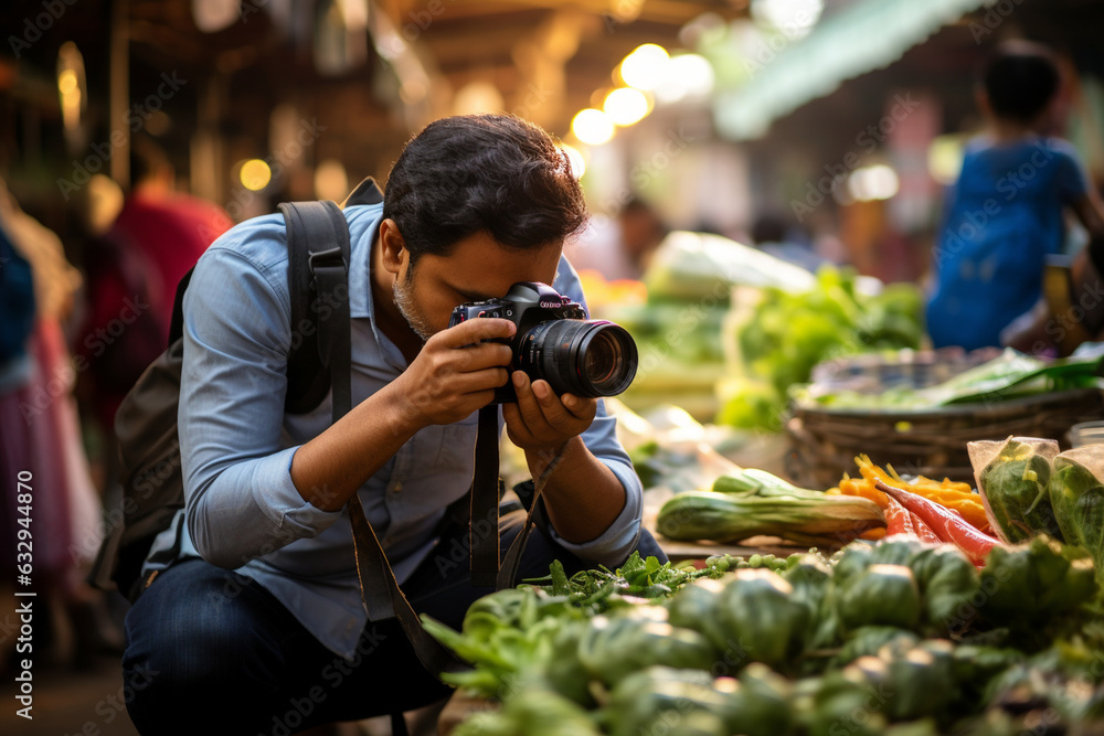 Journalist at a bustling market, capturing scenes of daily life, journalist, blurred background, natural light, affinity, bright background 