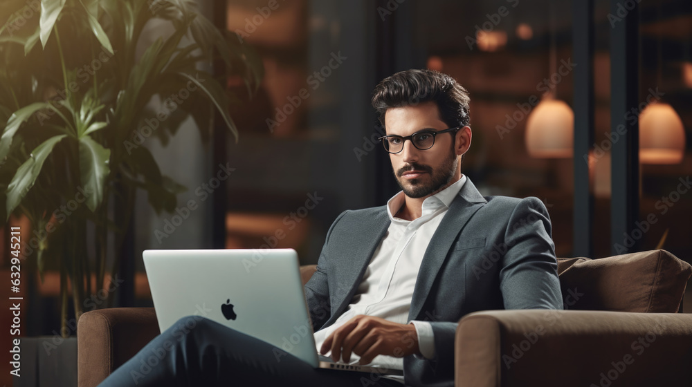 Businessman in a suit sits on a couch in his office and works on a laptop. Businessman in a suit sits on a couch in his office and works on a laptop.