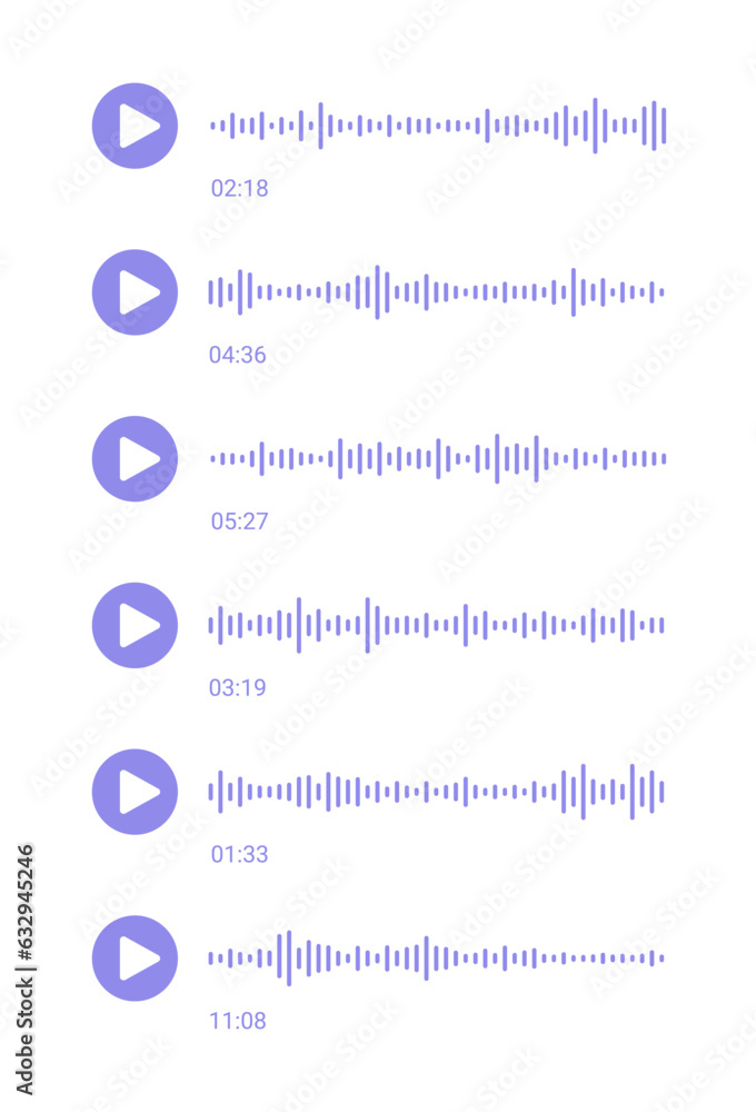 Audio recording chart. Volume equalizer with spectrum noise, button. Podcast soundwave lines. Social media voice message with sound waves and play icon. Shape of mobile talk track. Vector illustration Audio recording chart. Volume equalizer with spectrum noise, button. Podcast soundwave lines. Social media voice message with sound waves and play icon. Shape of mobile talk track. Vector illustration