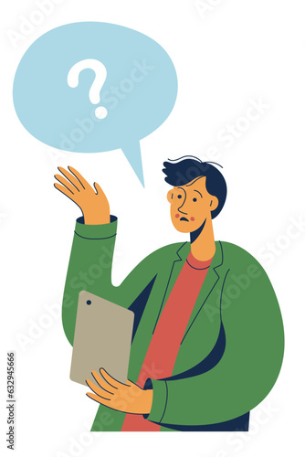 Man shows helpless gesture. I don't know. Young confused worker with tablet in hand can't understand what to do