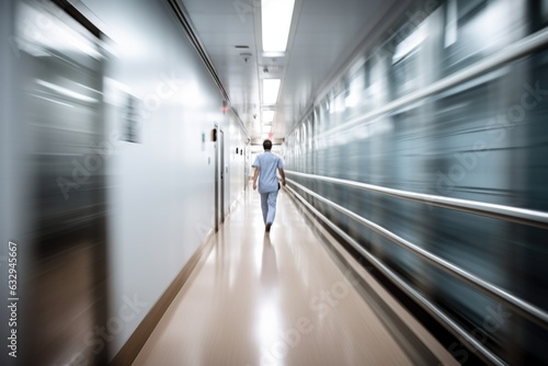 A dynamic shot of a doctor rushing through a hospital corridor, symbolizing the dedication and urgency in their profession. Generative AI.
