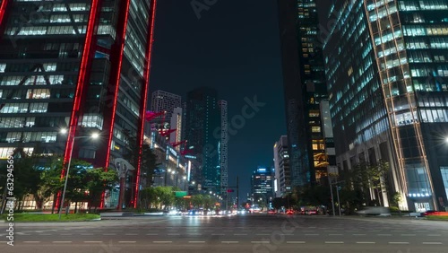 Seoul Yeouido Night Traffic Timelapse by Business and Finance Modern Office Buildings, Architecture in Yeouido Financial District, South Korea - hyperlapse zoom out photo