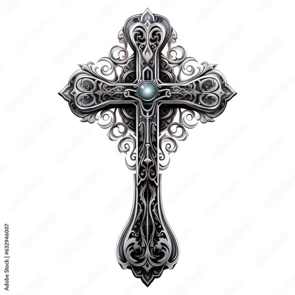 A cross with a pearl in the center. Digital image.