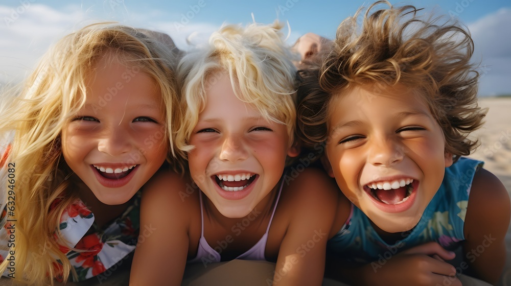 Fototapeta premium Portrait of three happy children smiling on the beach. 