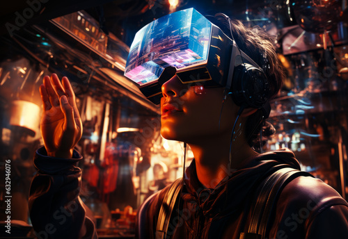 Futuristic portrait in virtual reality glasses. Young cyber man with glowing eyeglasses.