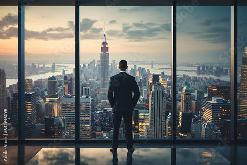Businessman standing looking the city from his office room, Rear view, Business ambition and vision concept. Generated AI.