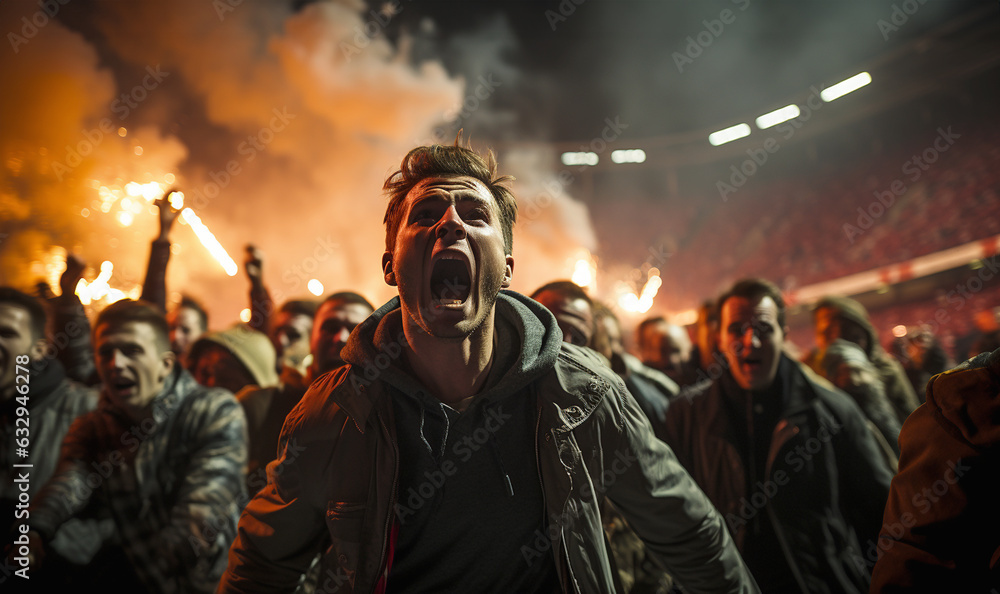 Football hooligans in game. aggressive soccer fans shouting and booing in the crowd. Losing team fans got mad. Furious people complain and protest a mistake made by referee. Soccer hooligans