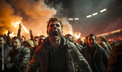 Football hooligans in game. aggressive soccer fans shouting and booing in the crowd. Losing team fans got mad. Furious people complain and protest a mistake made by referee. Soccer hooligans