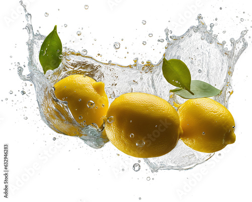 Lemons in water splashes, Refreshing summer cocktail theme on transparent background.
