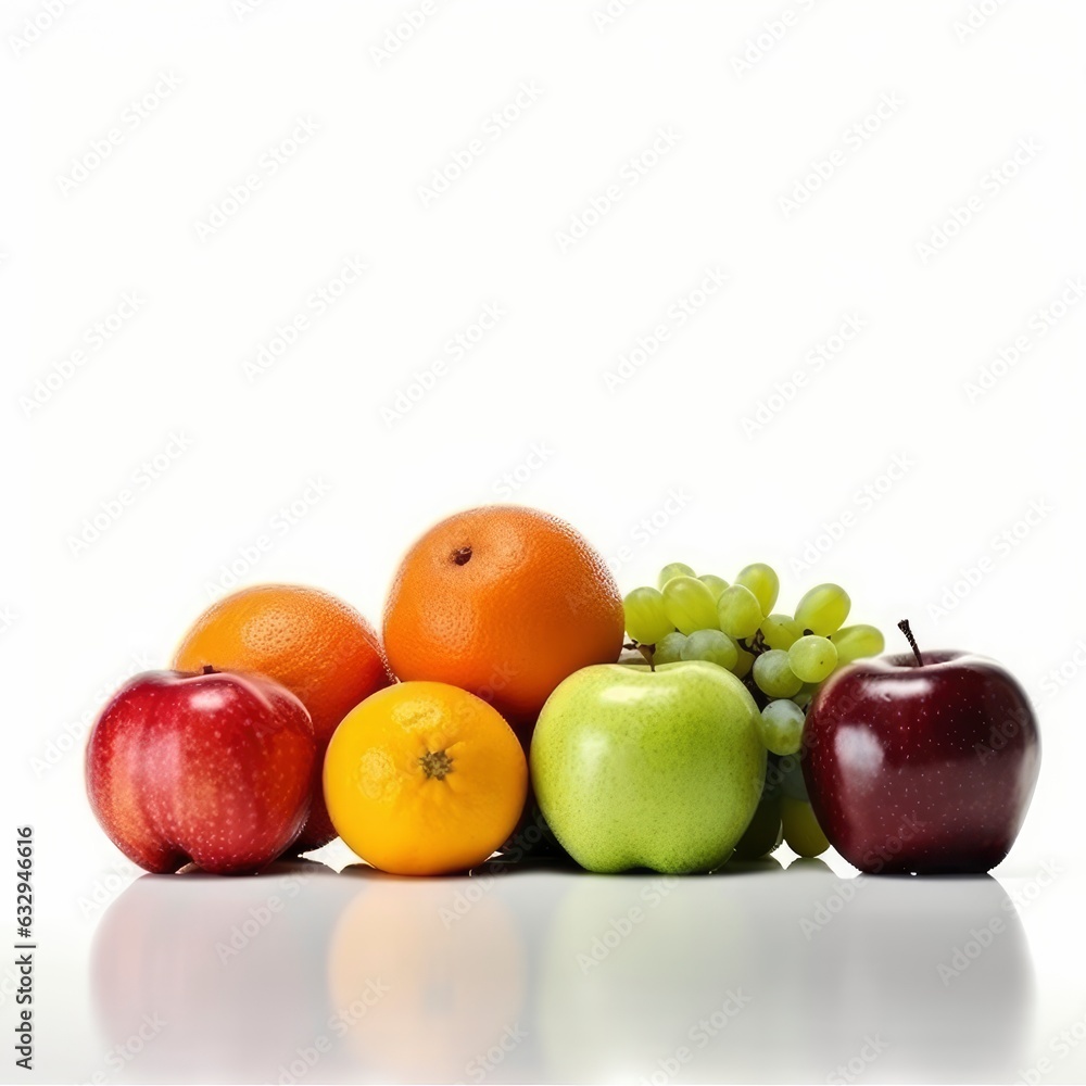 Vibrant Assortment of Fresh Fruit Presented on a White Backdrop, with Apples, Oranges, Grapes, Plums and Variety Fruit Displaying a Rainbow of Tantalizing Colors and Textures. Vibrant Assortment of Fresh Fruit Presented on a White Backdrop, with Apples, Oranges, Grapes, Plums and Variety Fruit Displaying a Rainbow of Tantalizing Colors and Textures.