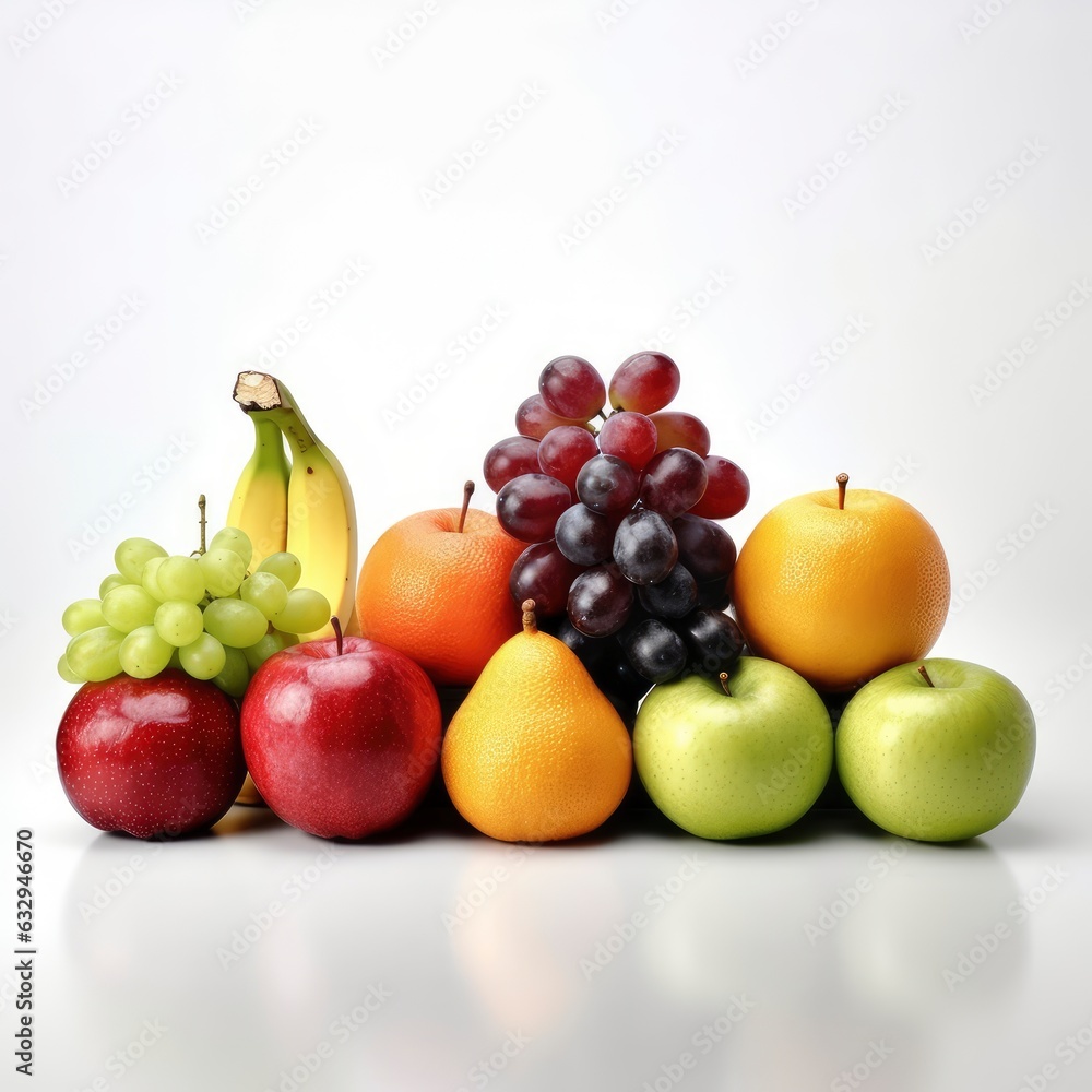 Vibrant Assortment of Fresh Fruit Presented on a White Backdrop, with Apples, Oranges, Grapes, Plums and Variety Fruit Displaying a Rainbow of Tantalizing Colors and Textures. Vibrant Assortment of Fresh Fruit Presented on a White Backdrop, with Apples, Oranges, Grapes, Plums and Variety Fruit Displaying a Rainbow of Tantalizing Colors and Textures.