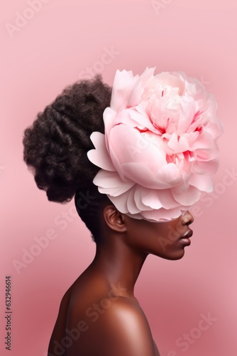 Young African woman profile portrait with huge peonies headpiece. Pastel pink delicate beauty concept. © Ilija