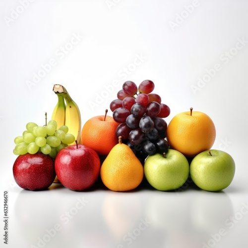 Vibrant Assortment of Fresh Fruit Presented on a White Backdrop  with Apples  Oranges  Grapes  Plums and Variety Fruit Displaying a Rainbow of Tantalizing Colors and Textures.