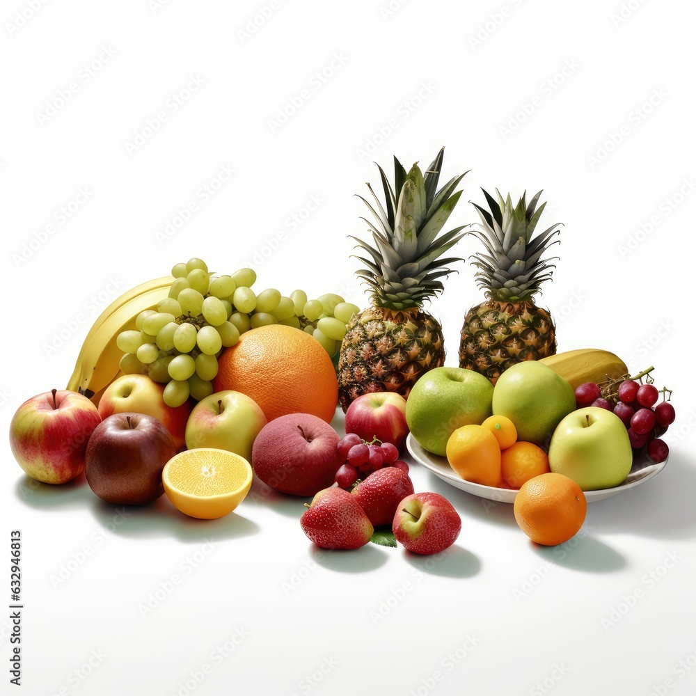 Vibrant Assortment of Fresh Fruit Presented on a White Backdrop, with Apples, Oranges, Grapes, Plums and Variety Fruit Displaying a Rainbow of Tantalizing Colors and Textures. Vibrant Assortment of Fresh Fruit Presented on a White Backdrop, with Apples, Oranges, Grapes, Plums and Variety Fruit Displaying a Rainbow of Tantalizing Colors and Textures.
