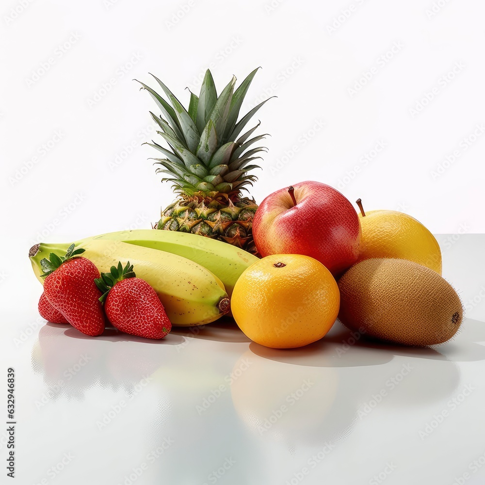 Vibrant Assortment of Fresh Fruit Presented on a White Backdrop, with Apples, Oranges, Grapes, Plums and Variety Fruit Displaying a Rainbow of Tantalizing Colors and Textures. Vibrant Assortment of Fresh Fruit Presented on a White Backdrop, with Apples, Oranges, Grapes, Plums and Variety Fruit Displaying a Rainbow of Tantalizing Colors and Textures.