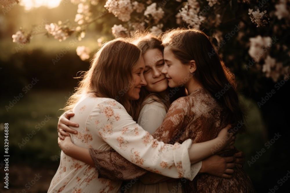 A family of mother and daughers embracing each other in a loving hug in a scenic park setting with blooming flowers and lush greenery. Mother's Day. Generative AI. A family of mother and daughers embracing each other in a loving hug in a scenic park setting with blooming flowers and lush greenery. Mother's Day. Generative AI.