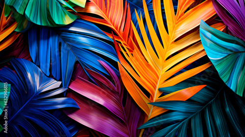 Background of colored, bright tropical leaves, Generative AI © Viktoriia Protsak