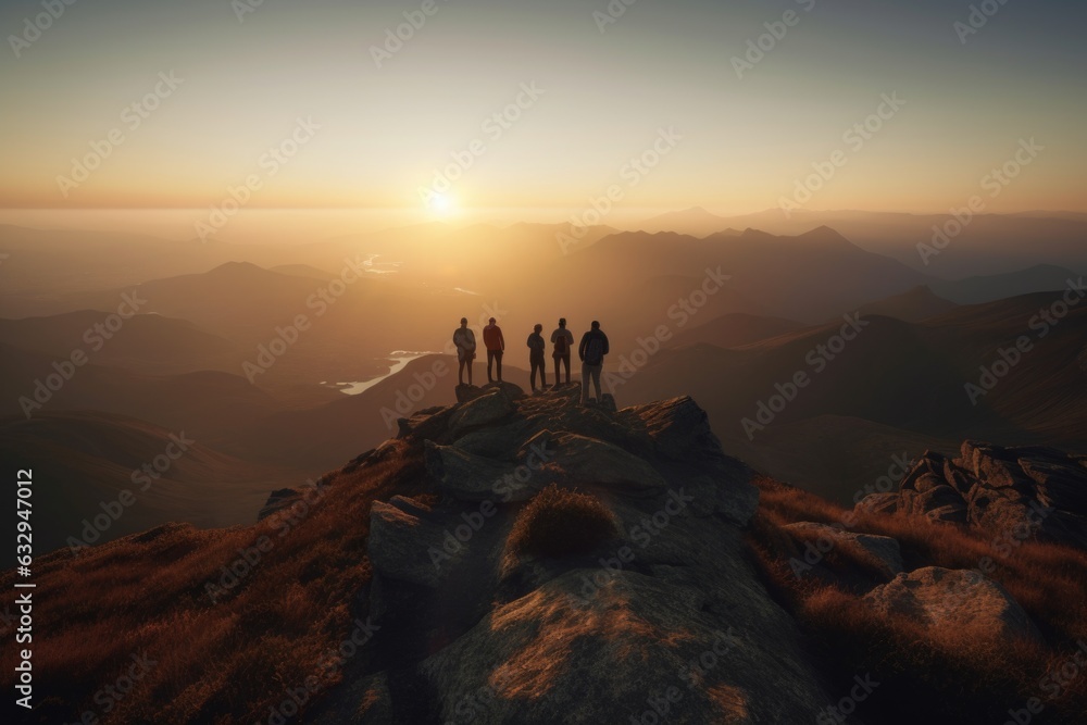A group of hikers standing on a mountain peak, enjoying the breathtaking view. The essence of adventure and exploration. Generative AI.