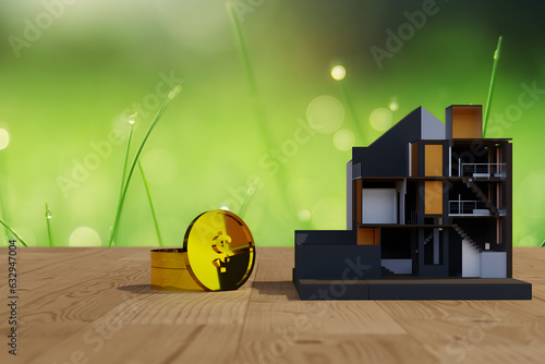 Stack gold coin with growing and wooden home model put on the wood in the public park, Saving money for buy house and loan to business investment for real estate concept. photo