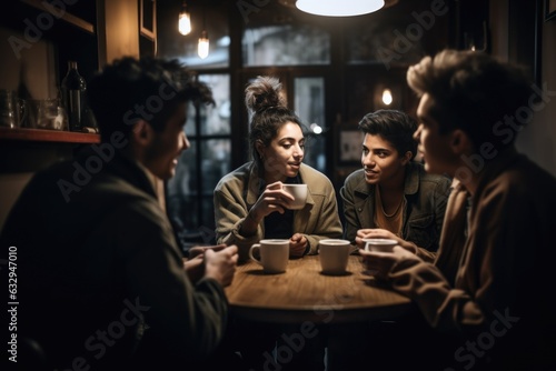 A group of friends sitting in a cozy coffee shop  engaged in lively conversation over cups of coffee. The relaxed and social atmosphere of the coffee shop. Generative AI.