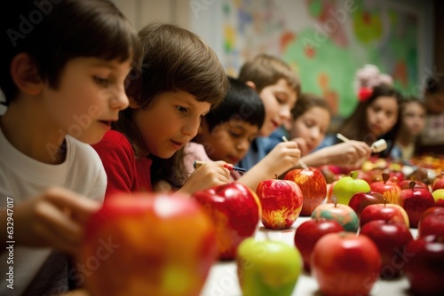 A group of children participating in a Rosh Hashanah craft activity, creating colorful apple-themed artwork in the cheerful and creative atmosphere. Generative AI.