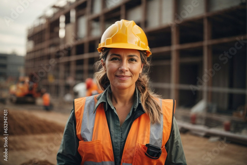 woman working on a construction site, construction hard hat and work vest, smirking, middle aged or older. Image created using artificial intelligence.
