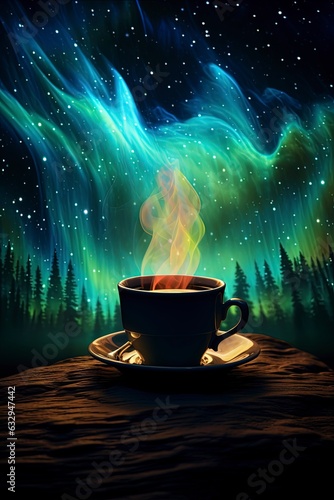 impressionist aurora borealis emerging from a cup of coffee, generative ai © Nia™