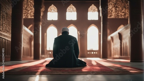 Muslim man performs namaz in the mosque temple. Back view