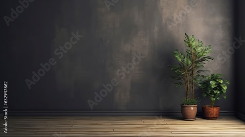 Lone Potted Plant Casting Dramatic Shadows in an Unfurnished Room, Backlit by Floor-to-Ceiling Windows Overlooking the Cityscape at Dusk. © khairulz