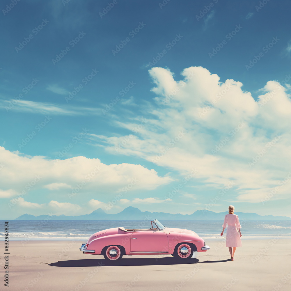 Dreamy Image of Woman and Vintage Car on White Sand Beach - AI Generated
