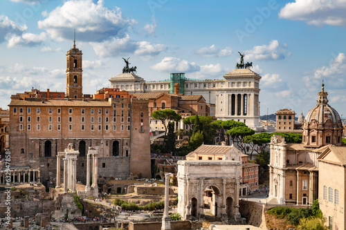 Top view of the monuments of the Roman Forum. Rome, Italy