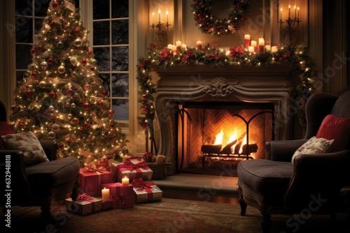 Craft holiday magic Christmas tree, fireplace, presents and heartwarming scene © PinkiePie