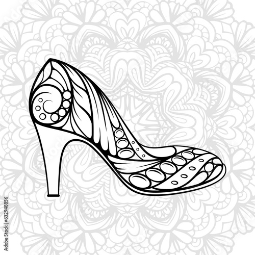 High heel shoe antistress coloring page. Vector fashion illustration.
