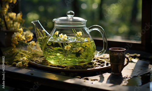 Herbal tea in a glass teapot on the table. photo