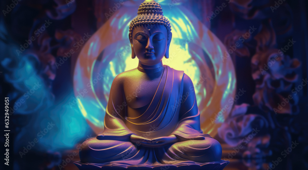 a glowing golden buddha praying in the sky, generative AI