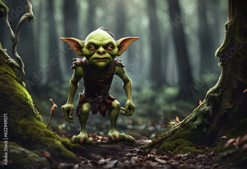 Obraz na płótnie A green goblin in a forest
