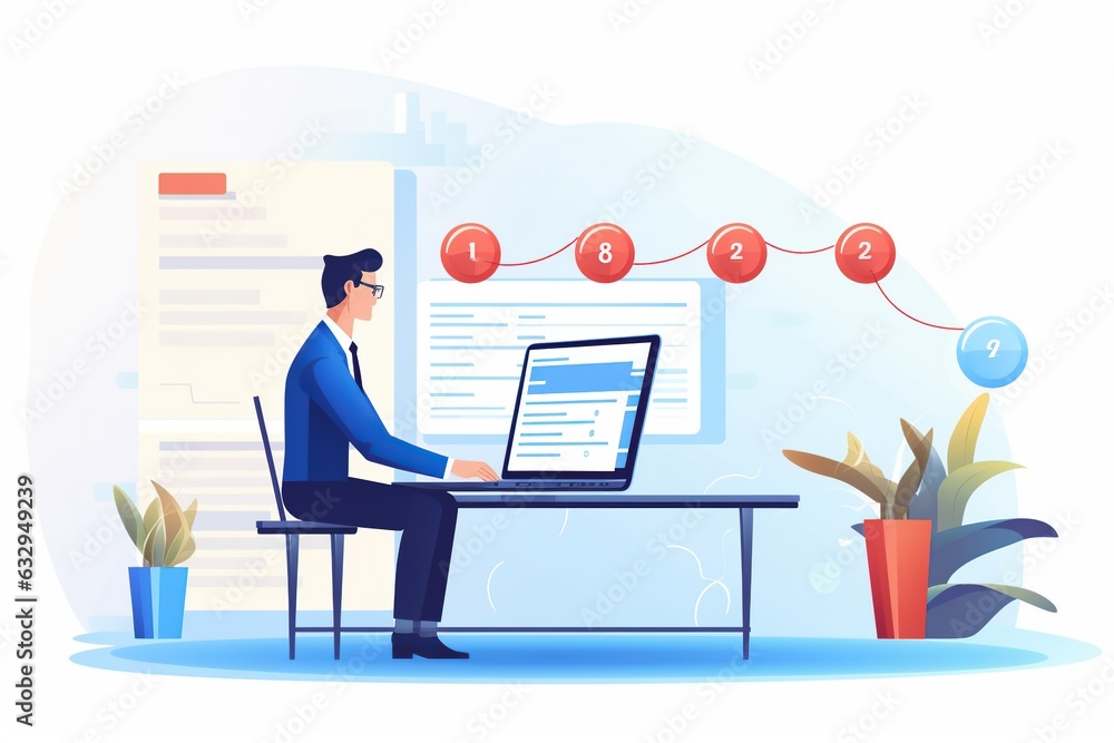 Project manager updates tasks with milestone progress plans, while a businessman uses a laptop with Gantt chart scheduling. Project manager updates tasks with milestone progress plans, while a businessman uses a laptop with Gantt chart scheduling.