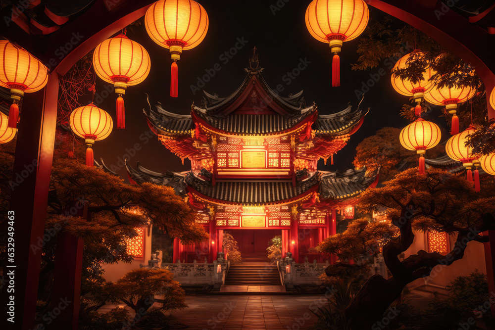 Fototapeta premium Traditional Chinese Buddhist Temple at night illuminated for the Mid-Autumn festival. Traditional Chinese lanterns display in Temple illuminated for Chinese new year festival., generative AI 