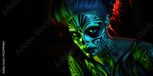 portrait of a woman with professional halloween blacklight make-up on a party