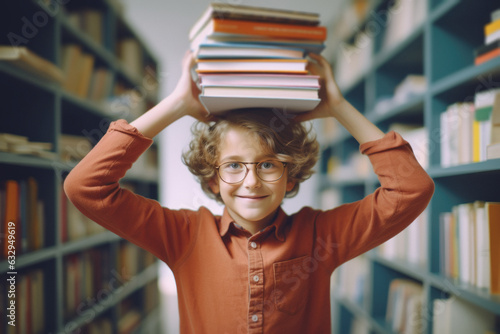 Canvas Print A young student with glasses holding a stack of books on his head while in the s