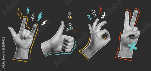 Popart collage grunge set with hands gestures cutout paper shapes. Retro pop psychedelic vector halftone effect with doodle elements. Dadaism style stickers. Grunge punk collection. Lightning blah lin