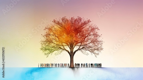 Vibrant Watercolor Painting Depicting People of Diverse Ethnicities Holding Hands Around Tree of Life, Symbolizing Unity in Human Diversity © khairulz