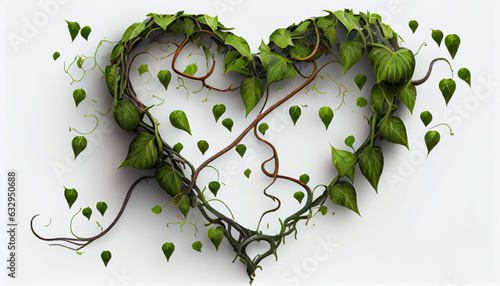 Twisted jungle vines liana plant with heart shaped young green leaves isolated on white background,  heart shape made of leaves, Ai generated image  photo