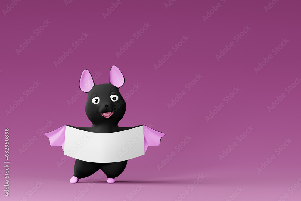 Cute Halloween bat holding paper template. 3d render Cute Halloween bat holding paper template. 3d render